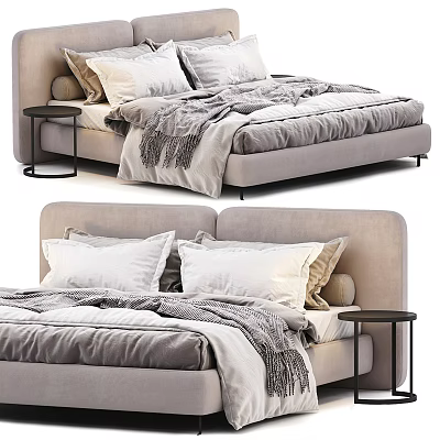 Double Bed with Beige Upholstered Headboard White Pillows Gray Blanket and Black Nightstand 3d model