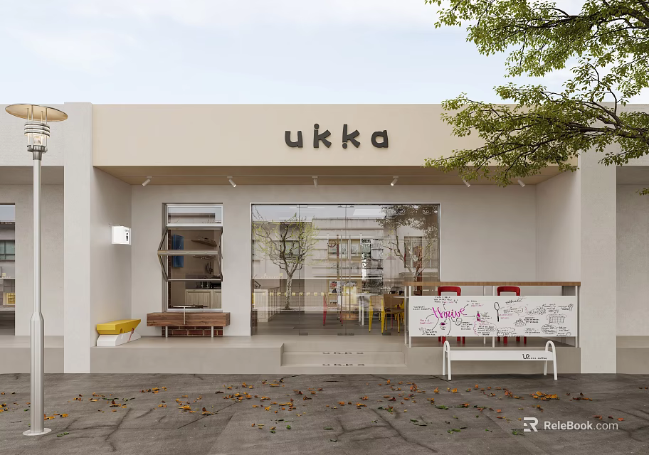 Modern White Café Exterior With Glass Doors Outdoor Bench And Fallen Leaves 3d model 