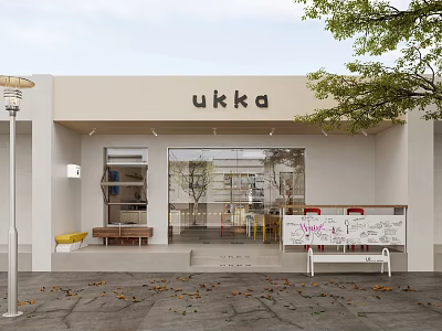 Modern White Café Exterior With Glass Doors Outdoor Bench And Fallen Leaves 3d model