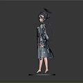 3D Female Character Model In Traditional Outfit With Dragon Pattern Hair Accessory Holding Weapon On Circular Base