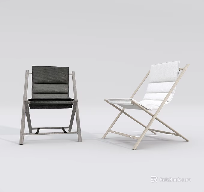 Black and White Leisure Chairs with Wooden Frame Folding Design and Padded Seats 3d model 