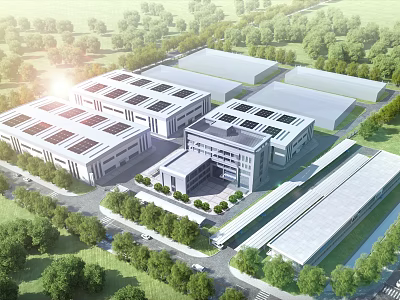 Aerial View Planning Of Industrial Park With Building Layout Greenery And Roads 3d model