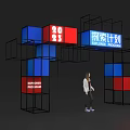 Event Entrance with Explore Program Sign Red and Blue Blocks Black Frame Structure 3d model