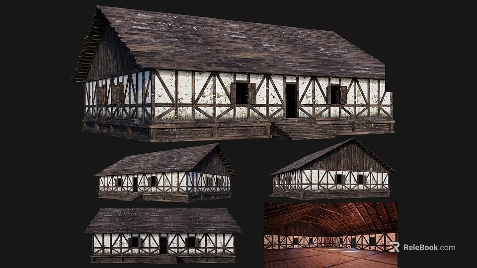 Ancient Traditional Building Structure With Wooden Frames White Walls Dark Roof And Interior Beams 3d model 