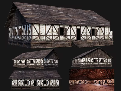 Ancient Traditional Building Structure With Wooden Frames White Walls Dark Roof And Interior Beams 3d model