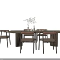 Modern Wooden Dining Table Set With Backrest Chairs And Decorative Vase 3d model