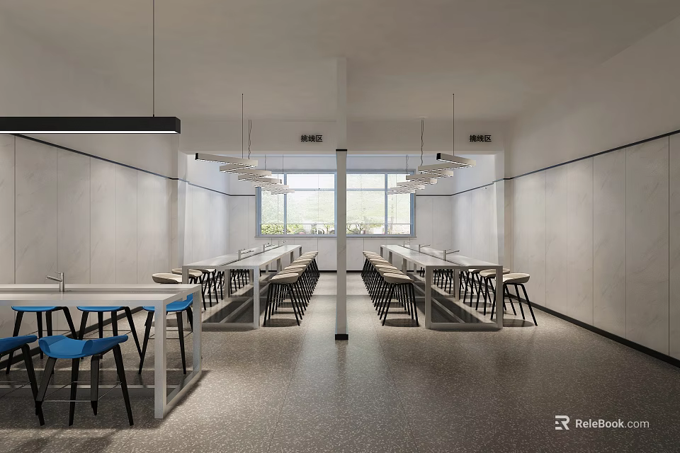 Modern Public Office Space Featuring Long Tables Comfortable Chairs Hanging Lights And Large Windows 3d model 