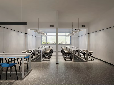Modern Public Office Space Featuring Long Tables Comfortable Chairs Hanging Lights And Large Windows 3d model