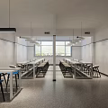 Modern Public Office Space Featuring Long Tables Comfortable Chairs Hanging Lights And Large Windows