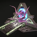 Sci Fi Altar Structure With Glowing Blue Core And Purple Tentacled Creature