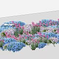 Colorful Flower Garden With Blue Pink And White Blooms In Dense Growth