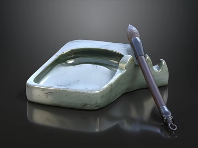 Green Jade Inkstone With Wooden Handle Writing Brush On Reflective Surface 3d model