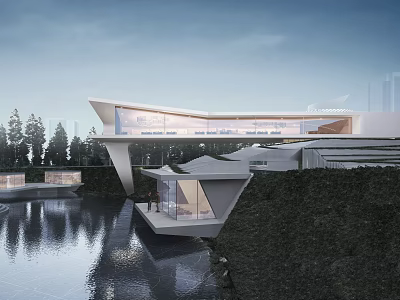 Modern Detached Villa By Water With Unique Design And Greenery 3d model
