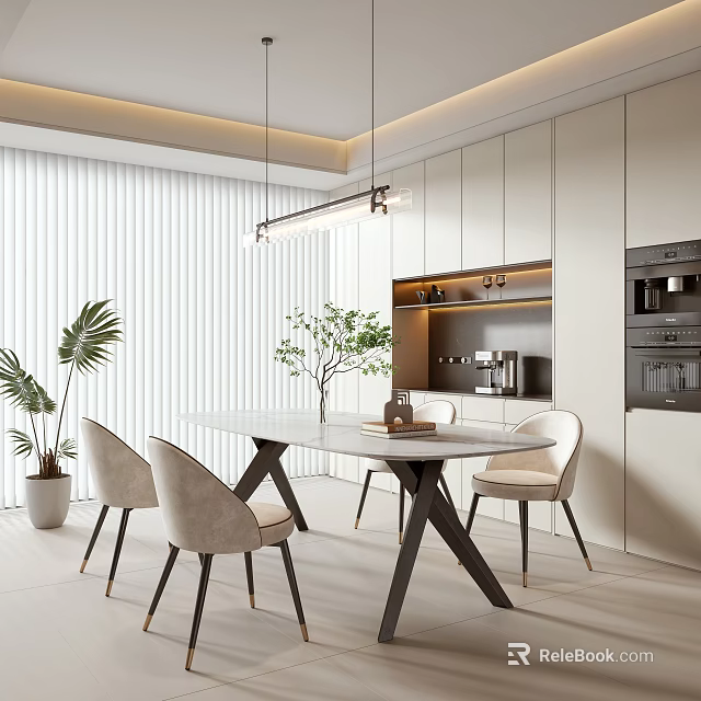 Elegant Modern Restaurant Dining Space With Marble Table Chairs And Pendant Lights 3d model