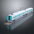 Modern Electric Train With Blue White Exterior Design On Railway Track With Reflection