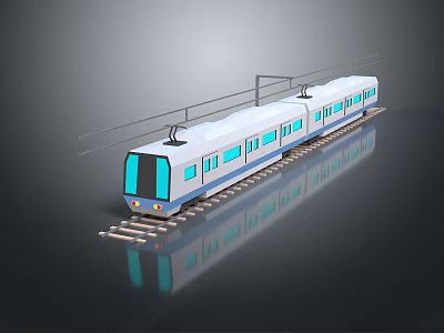 Modern Electric Train With Blue White Exterior Design On Railway Track With Reflection 3d model