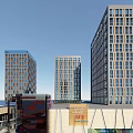 Vibrant Commercial Street With Modern Buildings Overhead Bridge Shaded Umbrellas And Outdoor Seating