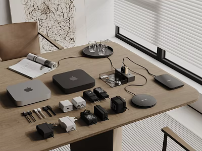 Various Hardware Tools Plugs Chargers Data Cables And Accessories On Wooden Table 3d model