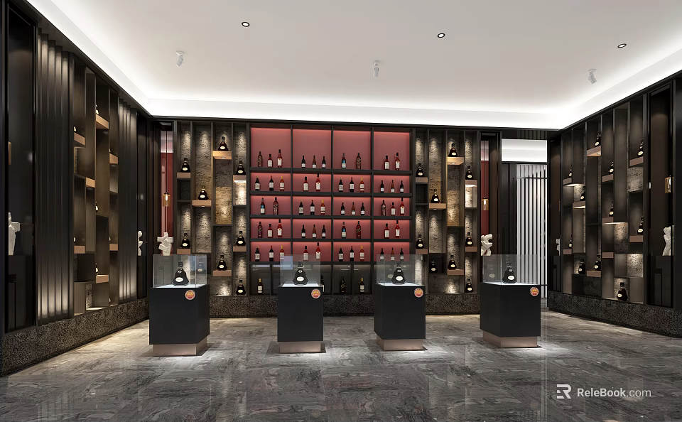 Luxury Wine Display Hall With Red Backdrop Black Stands And Marble Floor 3d model 