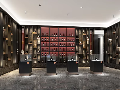 Luxury Wine Display Hall With Red Backdrop Black Stands And Marble Floor 3d model