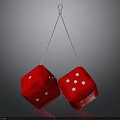 Red Dice Hanging From White String On Gray Background With White Dots