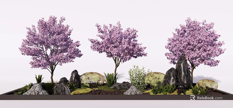 Charming Garden Ornament with Pink Flowering Trees Rocks Green Plants and Small Lantern 3d model 