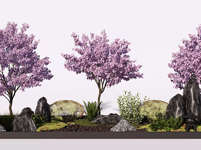 Charming Garden Ornament with Pink Flowering Trees Rocks Green Plants and Small Lantern 3d model