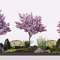 Charming Garden Ornament with Pink Flowering Trees Rocks Green Plants and Small Lantern