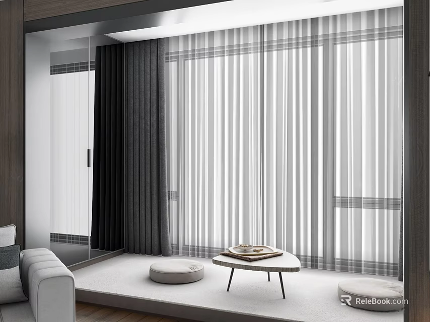 Stylish Home Living Room Decor With Striped Curtains Sofa Small Table And Cushions 3d model 