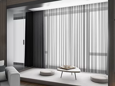 Stylish Home Living Room Decor With Striped Curtains Sofa Small Table And Cushions 3d model