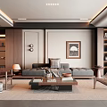 Modern Living Room Interior Design With Gray Sofa Wooden Coffee Table Rug And Wicker Chair
