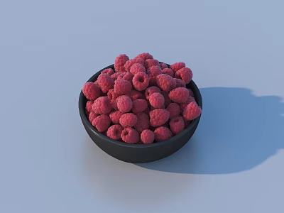 Fresh Ripe Raspberries in Black Bowl on Light Blue Surface 3d model