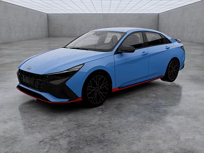 Blue Modern Sedan With Black Wheels And Red Trim In Indoor Showroom 3d model