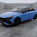 Blue Modern Sedan With Black Wheels And Red Trim In Indoor Showroom