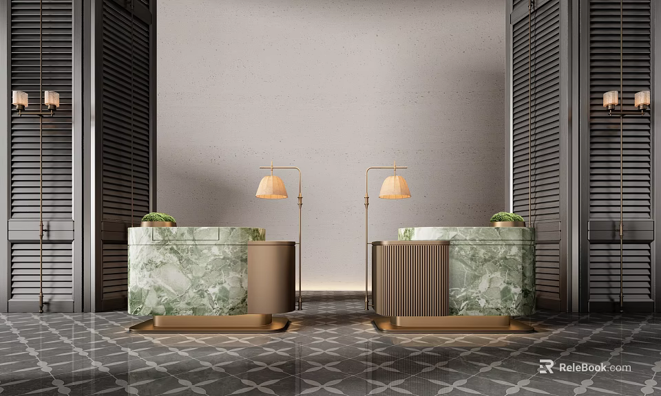 Modern Green Marble Reception Desk With Gold Base And Table Lamps On Geometric Floor 3d model 