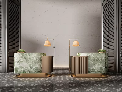Modern Green Marble Reception Desk With Gold Base And Table Lamps On Geometric Floor 3d model