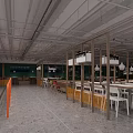 Modern Restaurant Interior With White Dining Tables Wooden Partitions Green Walls And Hanging Lights