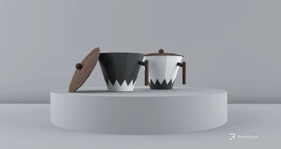 Black and White Ceramic Cups With Wooden Lids Handles On White Circular Display Stand 3d model 