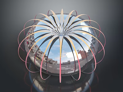 Spherical Decorative Sculpture With Mirrored Surface And Radial Yellow Pink Strips 3d model