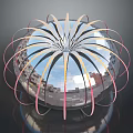 Spherical Decorative Sculpture With Mirrored Surface And Radial Yellow Pink Strips