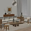 Modern Living Room Interior With Wooden Sofa Accent Chair Round Coffee Table And Pendant Light