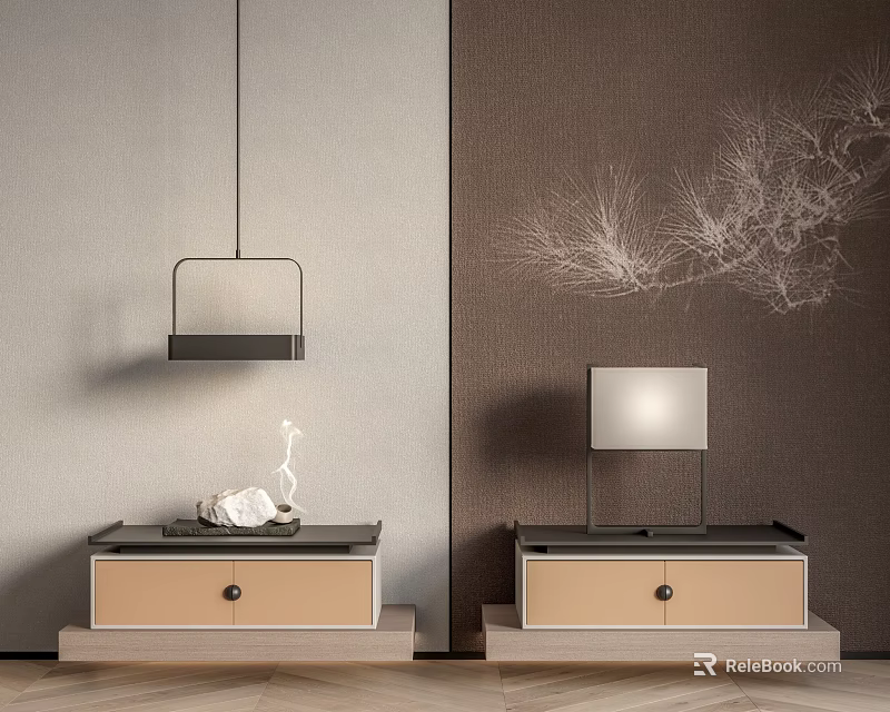 Two Beige Brown Bedside Tables With Drawers Table Lamps And Branch Wall Art 3d model 