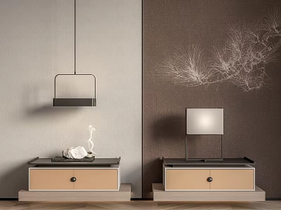 Two Beige Brown Bedside Tables With Drawers Table Lamps And Branch Wall Art 3d model