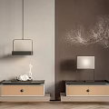 Two Beige Brown Bedside Tables With Drawers Table Lamps And Branch Wall Art