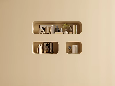 Decorative Ornaments Set on Recessed Open Shelves Light Beige Wall with Books and Plants 3d model