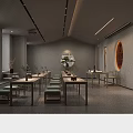 Chinese Style Elegant Interior Space With Long Tables Chairs Round Moon Windows And Decorative Paintings