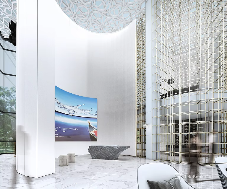 Elegant Modern Reception Desk Interior With Marble Top And Decorative Backdrop Wall 3d model 