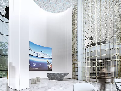 Elegant Modern Reception Desk Interior With Marble Top And Decorative Backdrop Wall 3d model