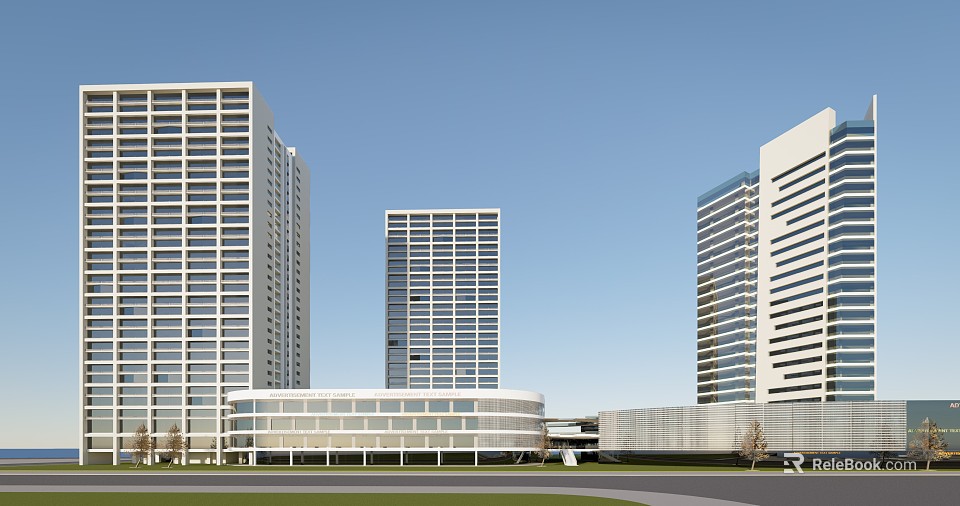 Modern High Rise Office Building Architecture With Glass Facade Towers And Open Plaza Space 3d model 
