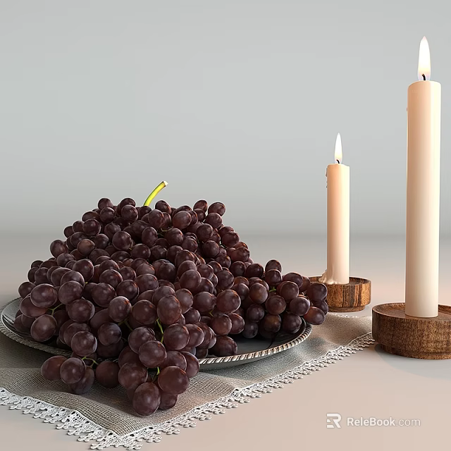 Bunch of Fresh Purple Grapes on Silver Plate with Lace Tablecloth and Lit Candles 3d model 